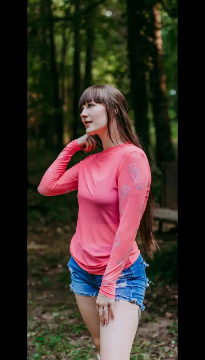 Pink Mesh with Rhinestone Boot Sleeves Top