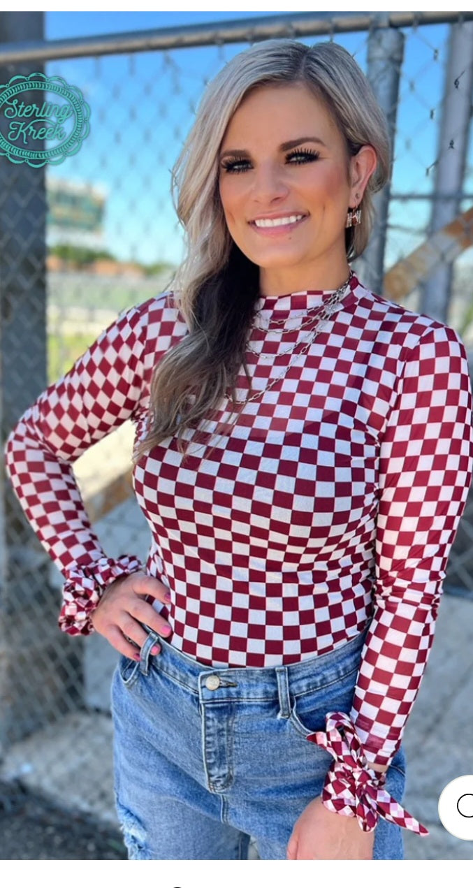 Burgundy Checkered Mesh Shirt