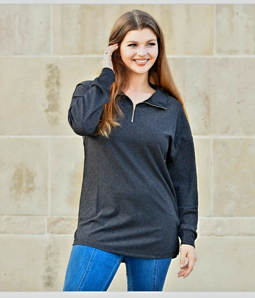 Black Sparkly Half Zip Pullover