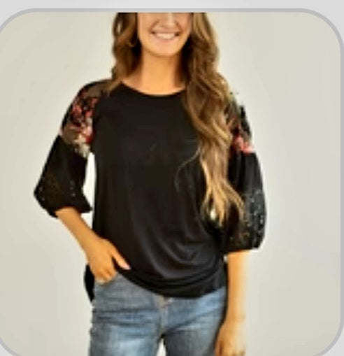 Black with Flower Sleeves Top