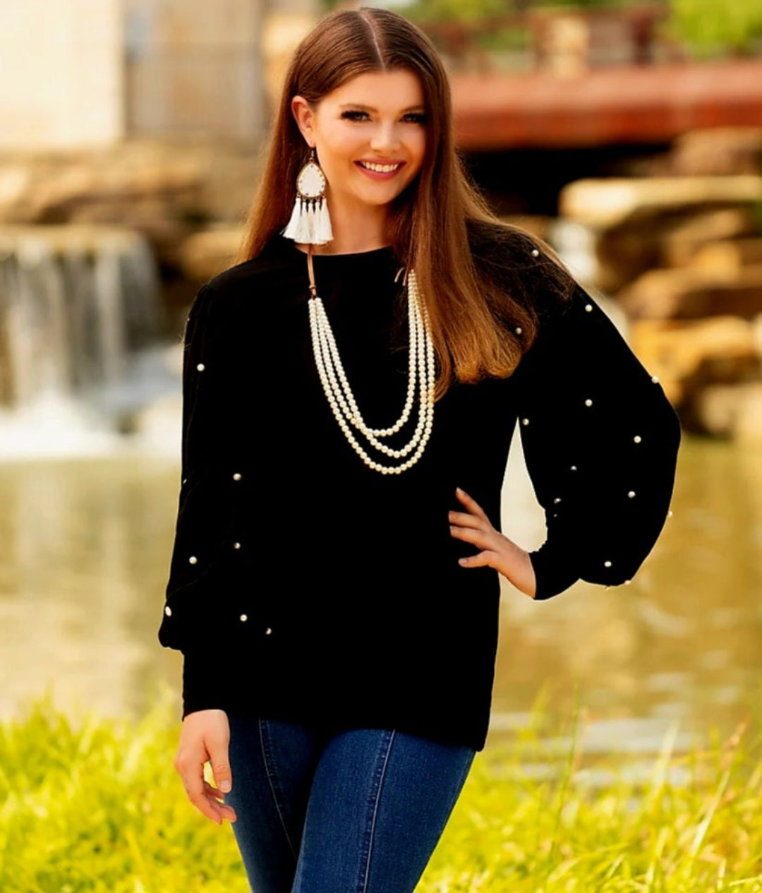 Pearl Embellished Shirt Black