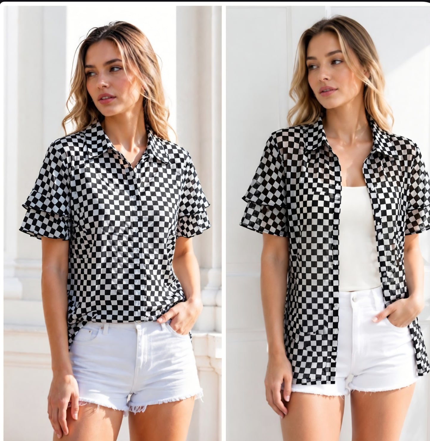 Checkered Button Up Butterfly Sleeves