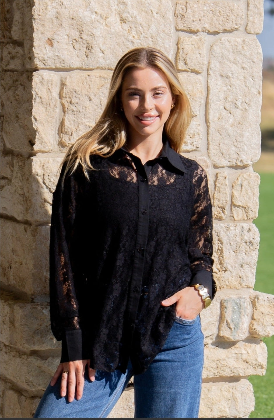 Kathryn Black Lace Button Up Top