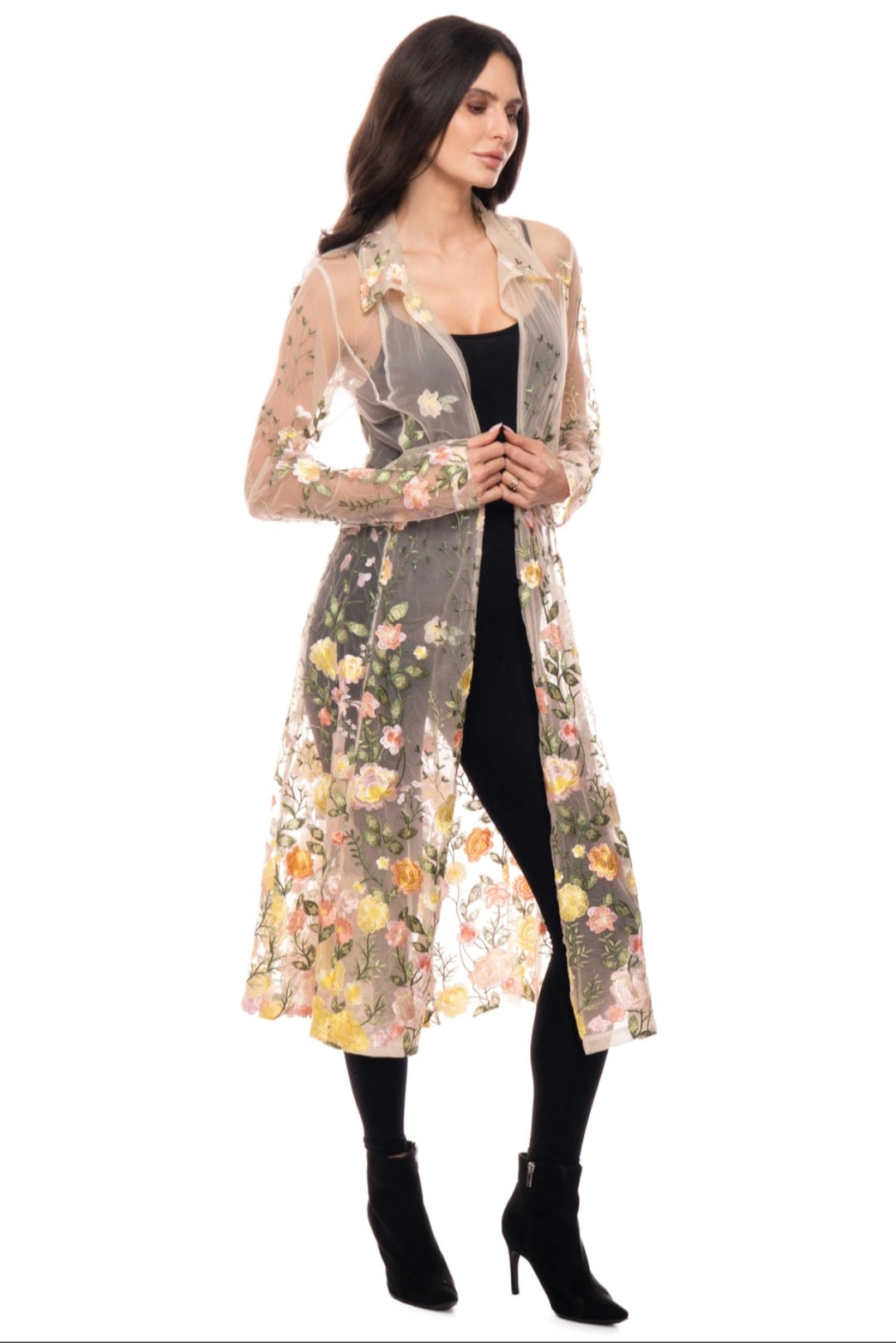 Floral Embroidered Sheer Duster Jacket