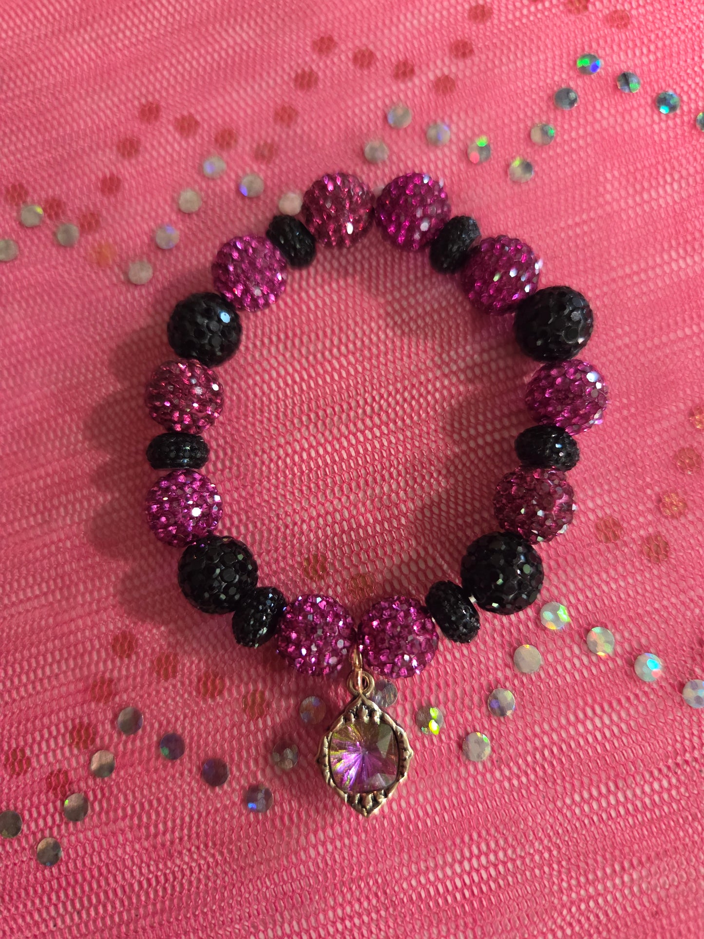 Pink/Black Rhinestone with Pendant Bracelet