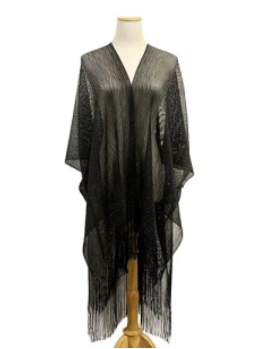 Mesh Fringe Black Kimono