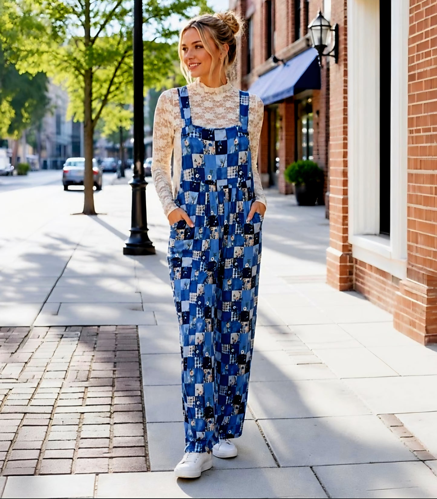 Blue Floral Patchwork Wide Leg Overalls