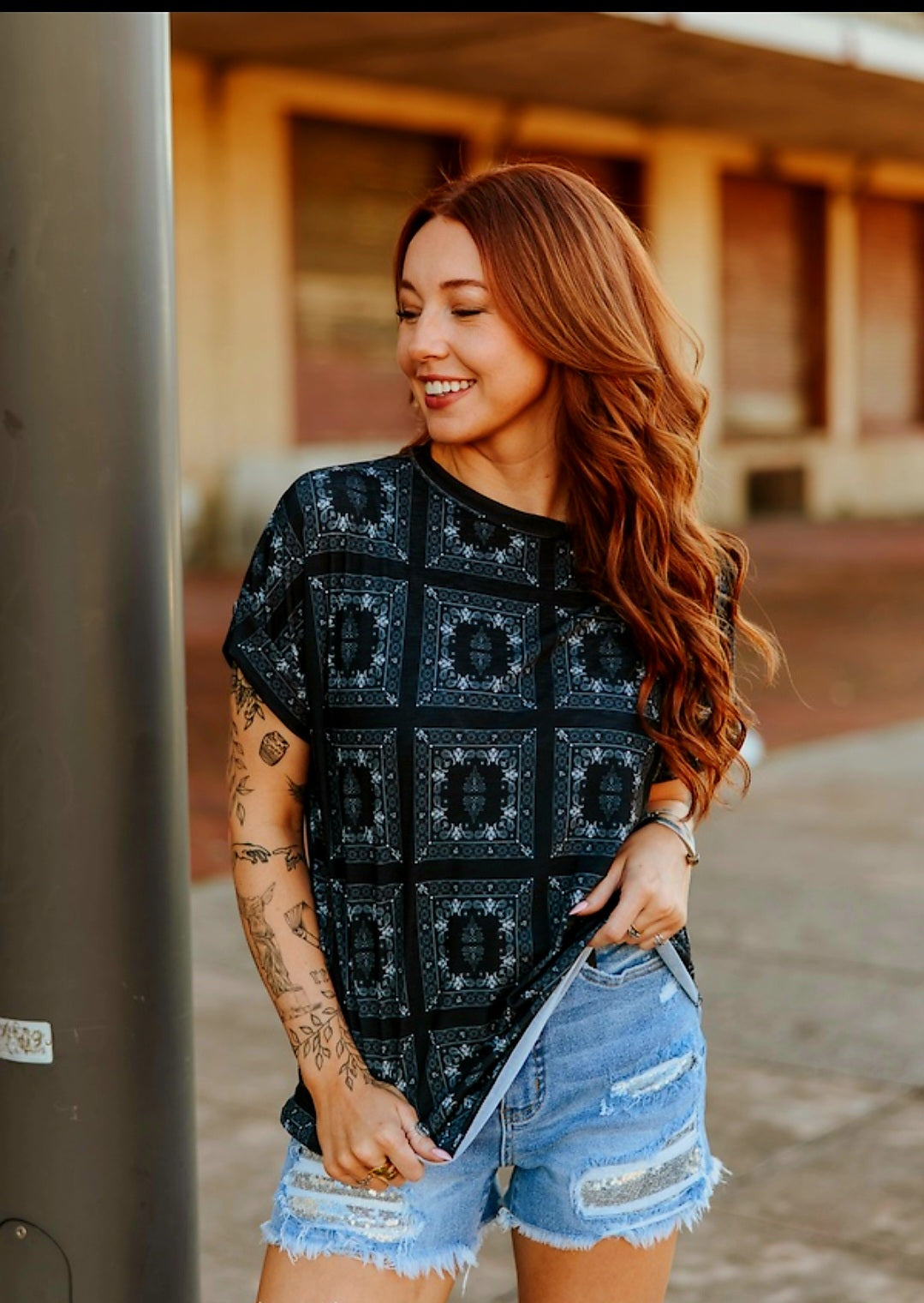 Western Bandana Cuffed Sleeve Top