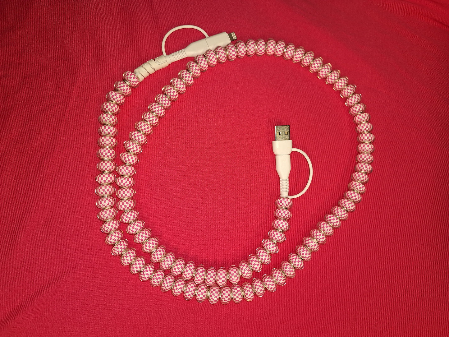 4 in 1 Beaded Charger Pink White Checkered