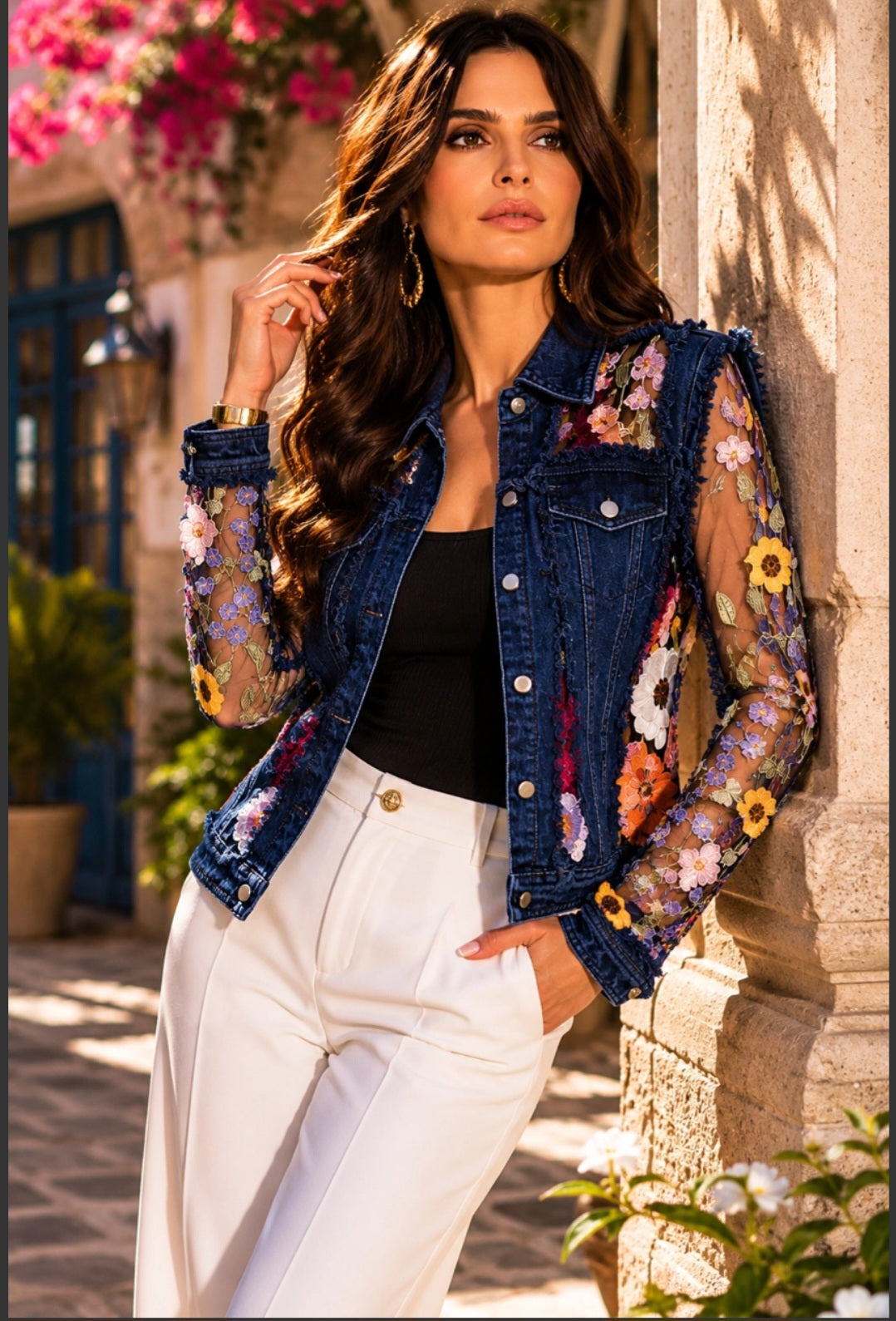 Dark Blue Denim Lace Jacket with Floral Embroidery
