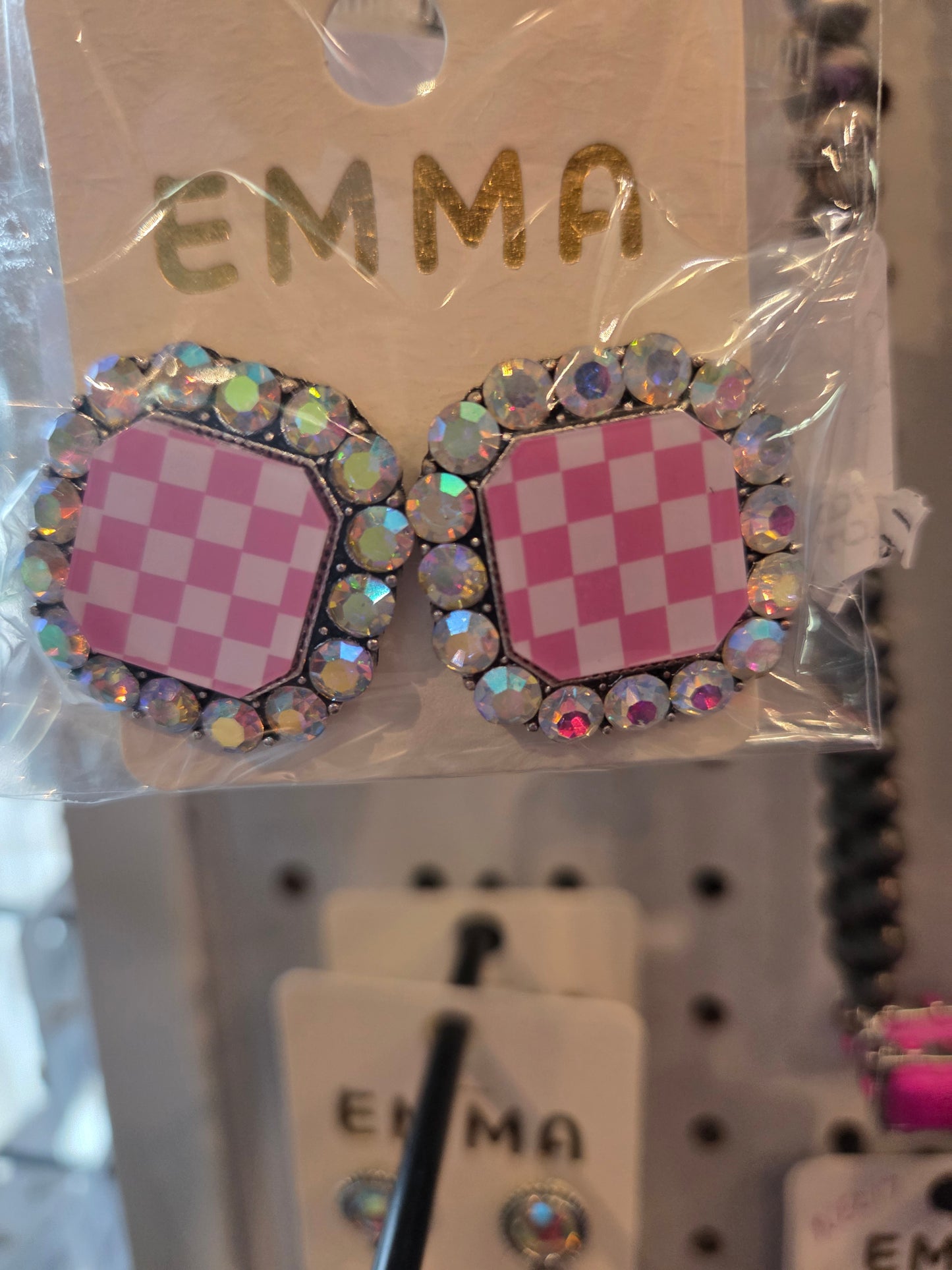 Pink White Checkered Bling Earrings