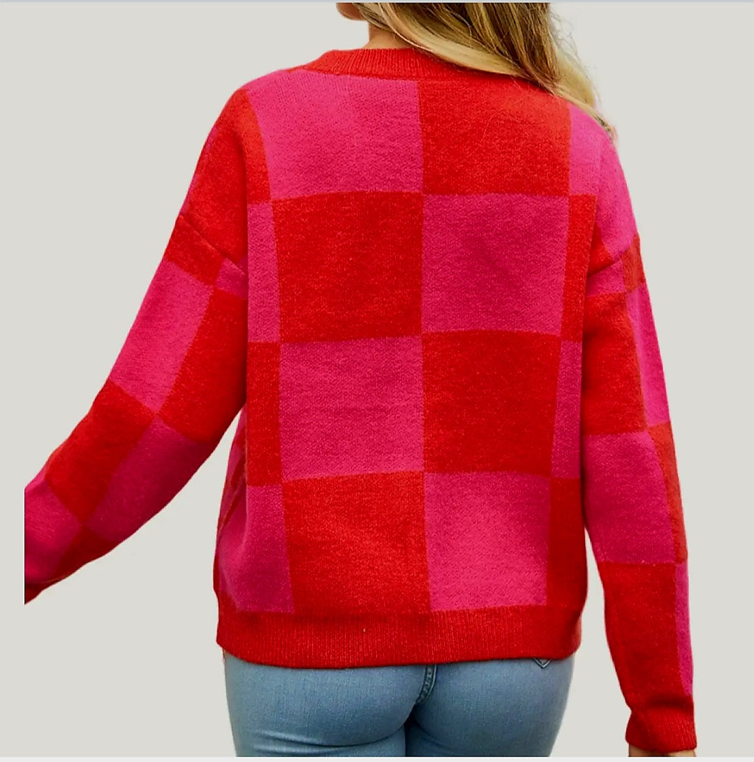 Pink/ Red Checkered Sweater