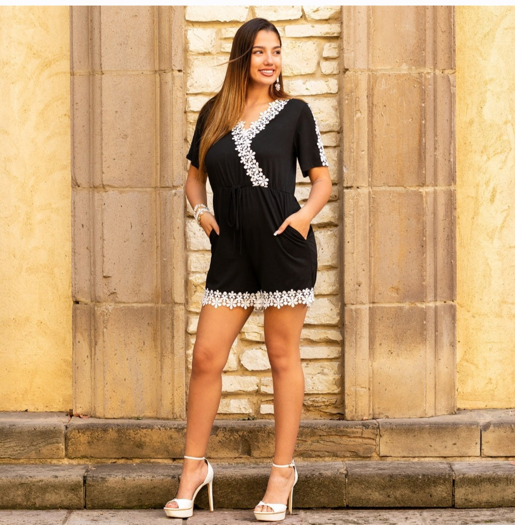 Black Romper with Flowers