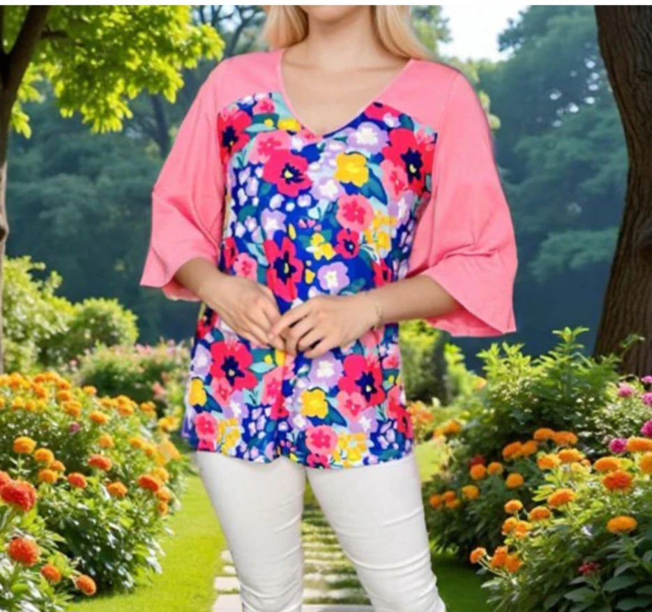 Floral And Pink Colorblock Top