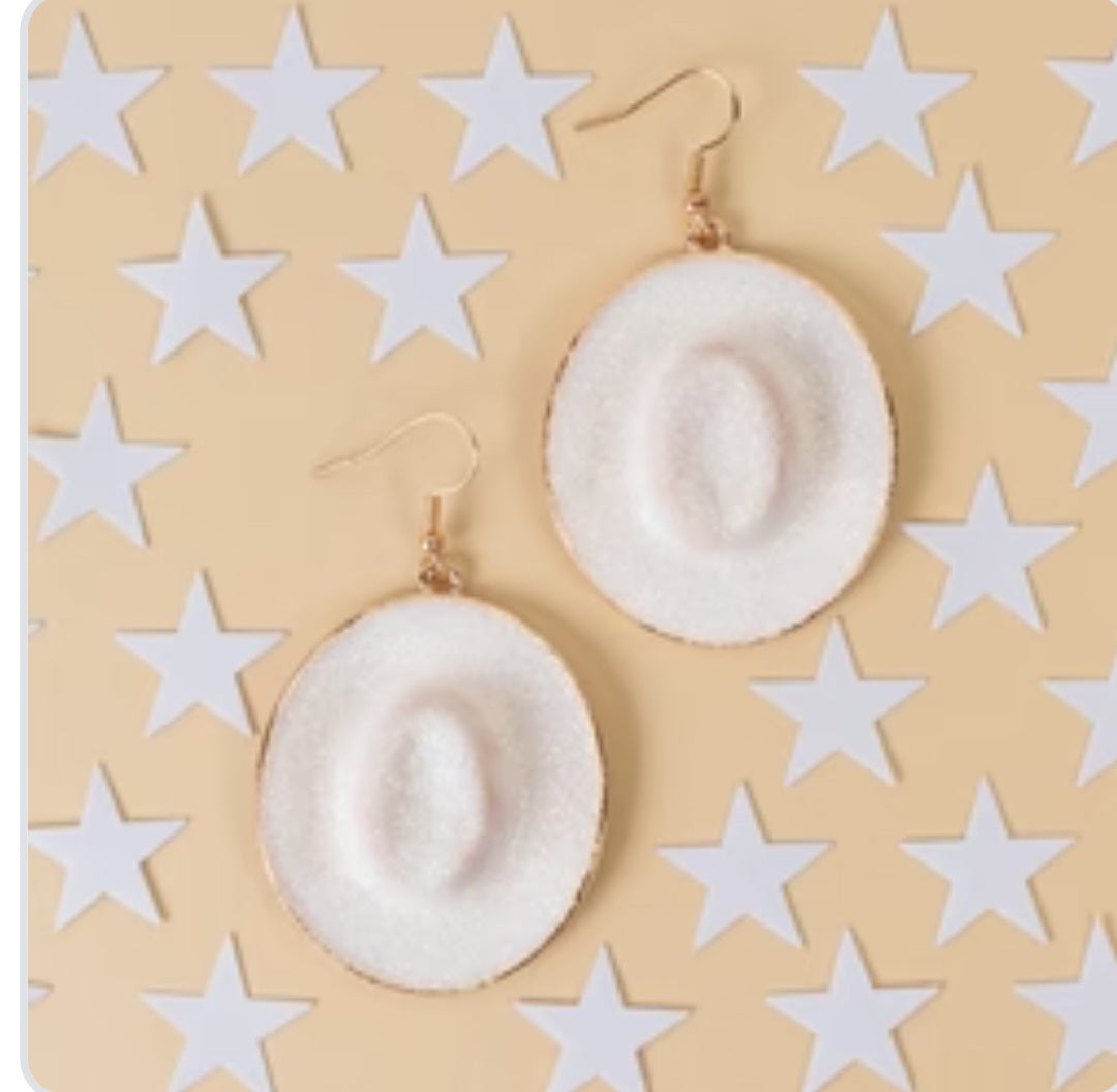 White Glitter Cowgirl Hat Earrings
