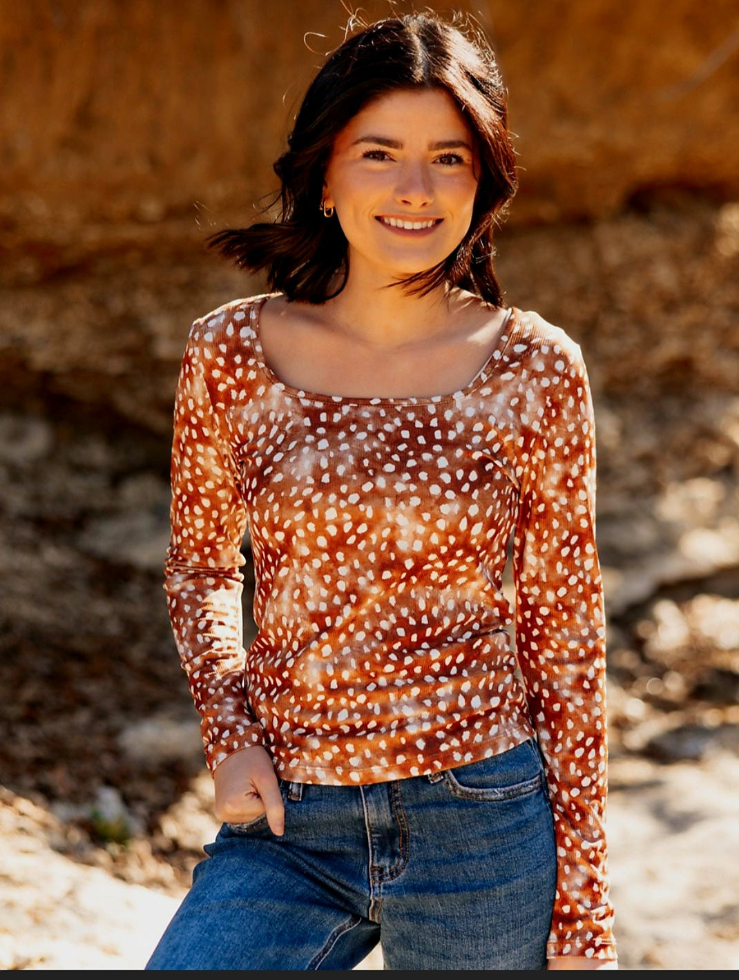 Deer Print Square Neck Top