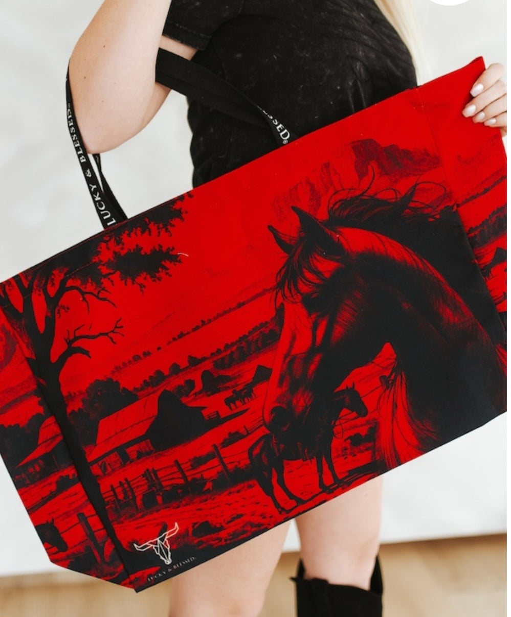 Red W Black Horse Tote
