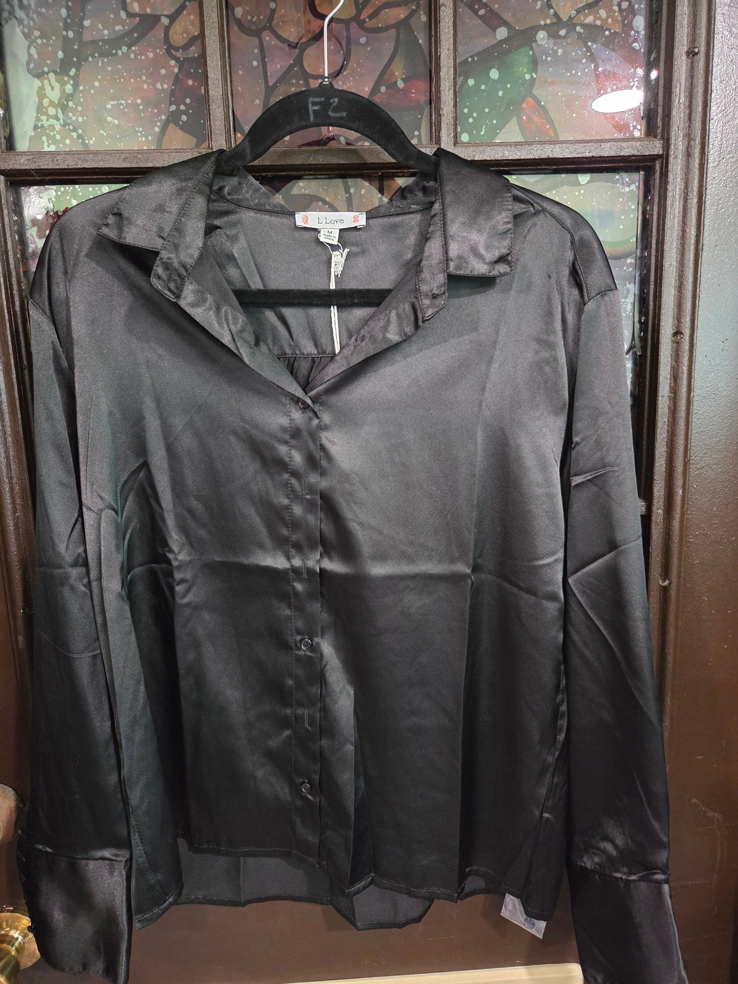 Black Satin Button Up Top