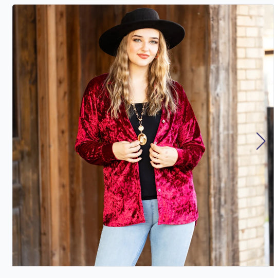 Burgundy Crushed Velvet Button Up Shirt