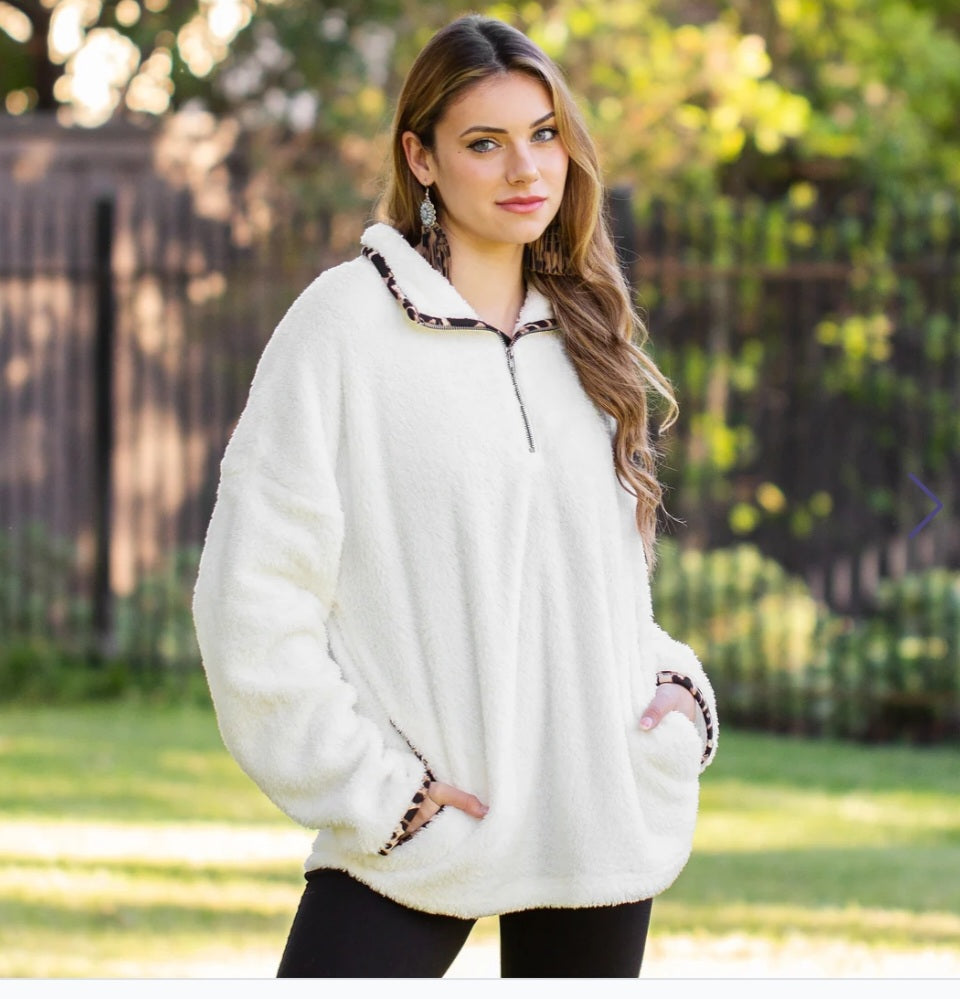 Sherpa Pullover with Leo Accents and Pockets