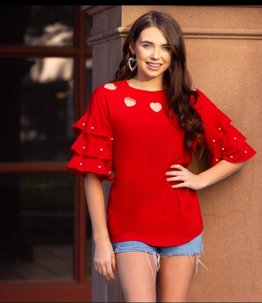 Heart Top with Pearl Ruffle Sleeves