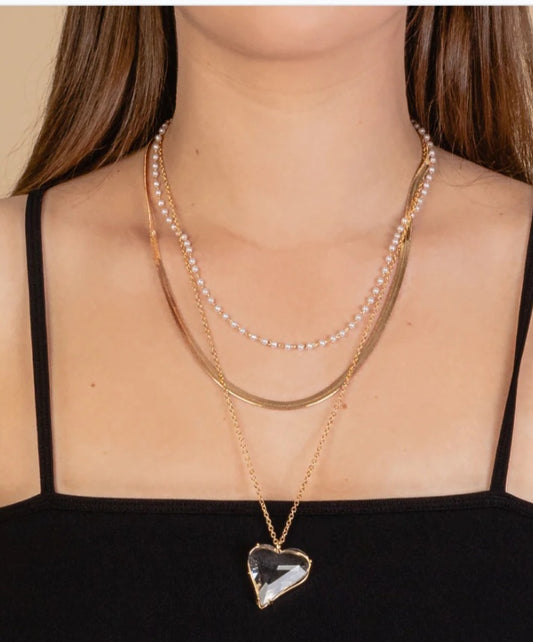 Crystal Heart Triple Chain Necklace