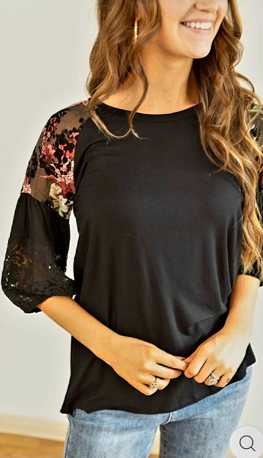 Black with Flower Sleeves Top