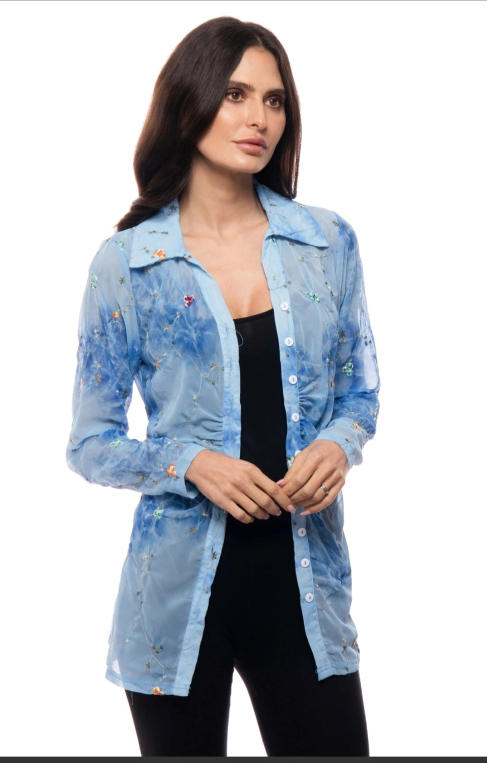 Sheer Embroidered Button Shirt