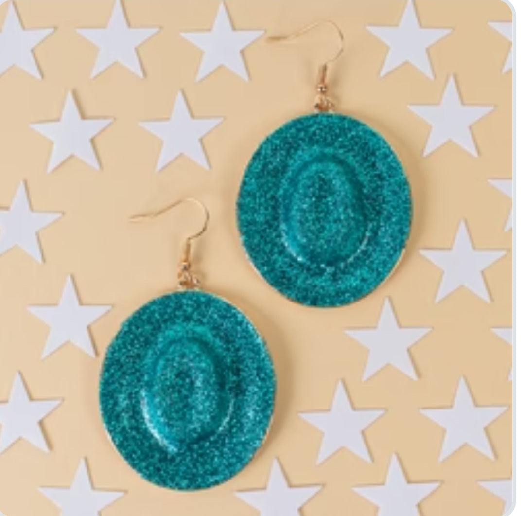 Turquoise Glitter Cowgirl Hat Earrings