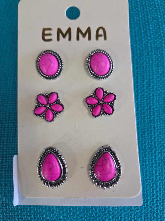 Set of 3 Fuchsia Earrings