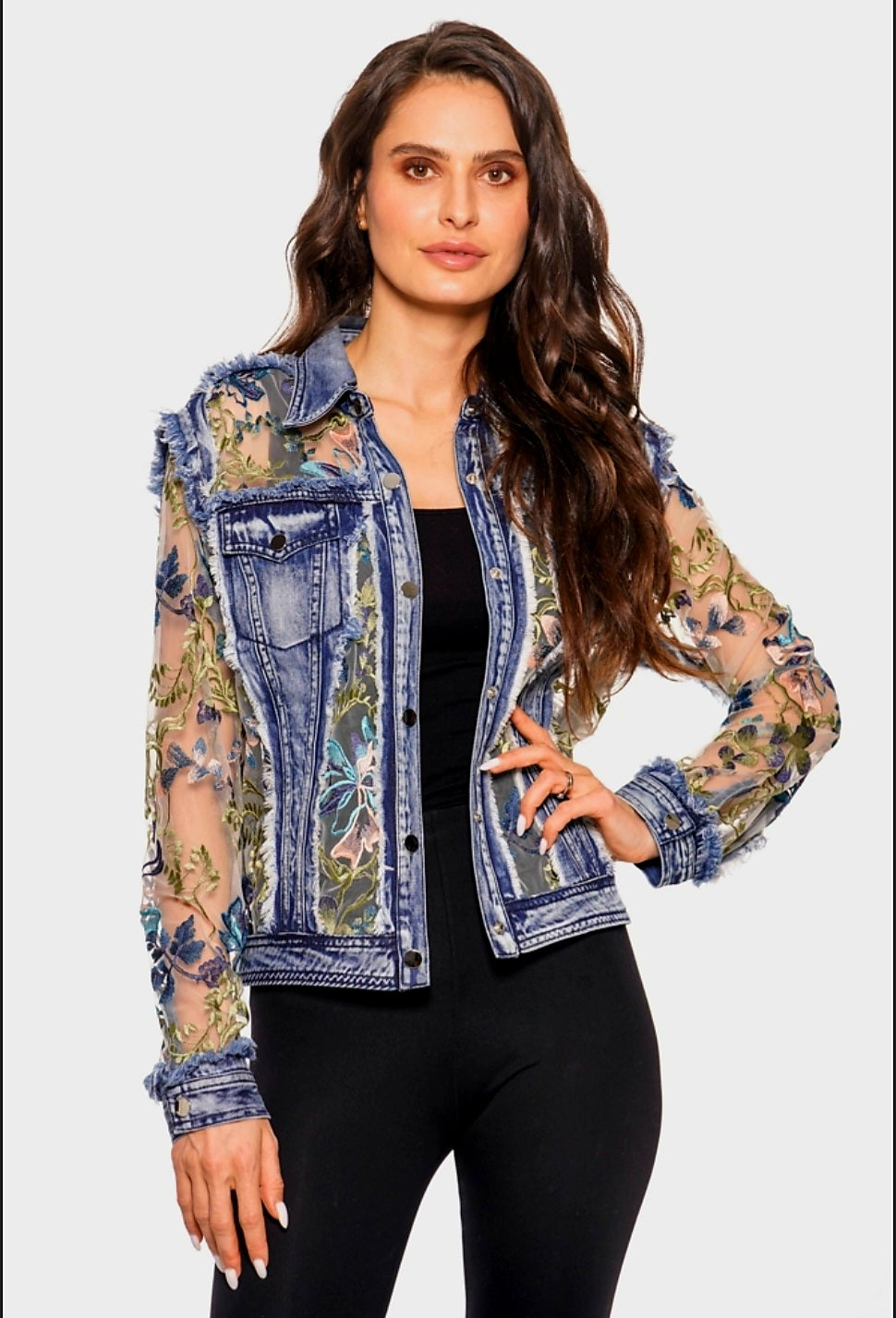 Denim Lace Jacket with Blue Embroidery