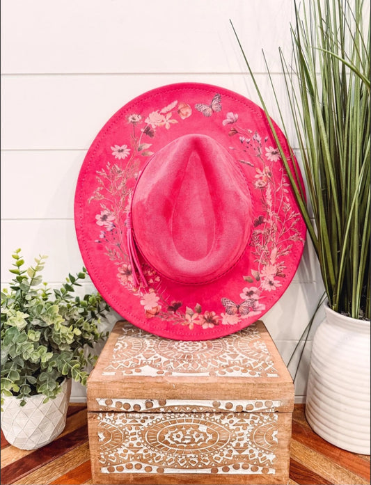 Floral Print Hat- Bubble Gum