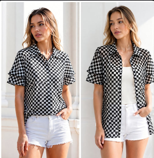 Checkered Button Up Butterfly Sleeves