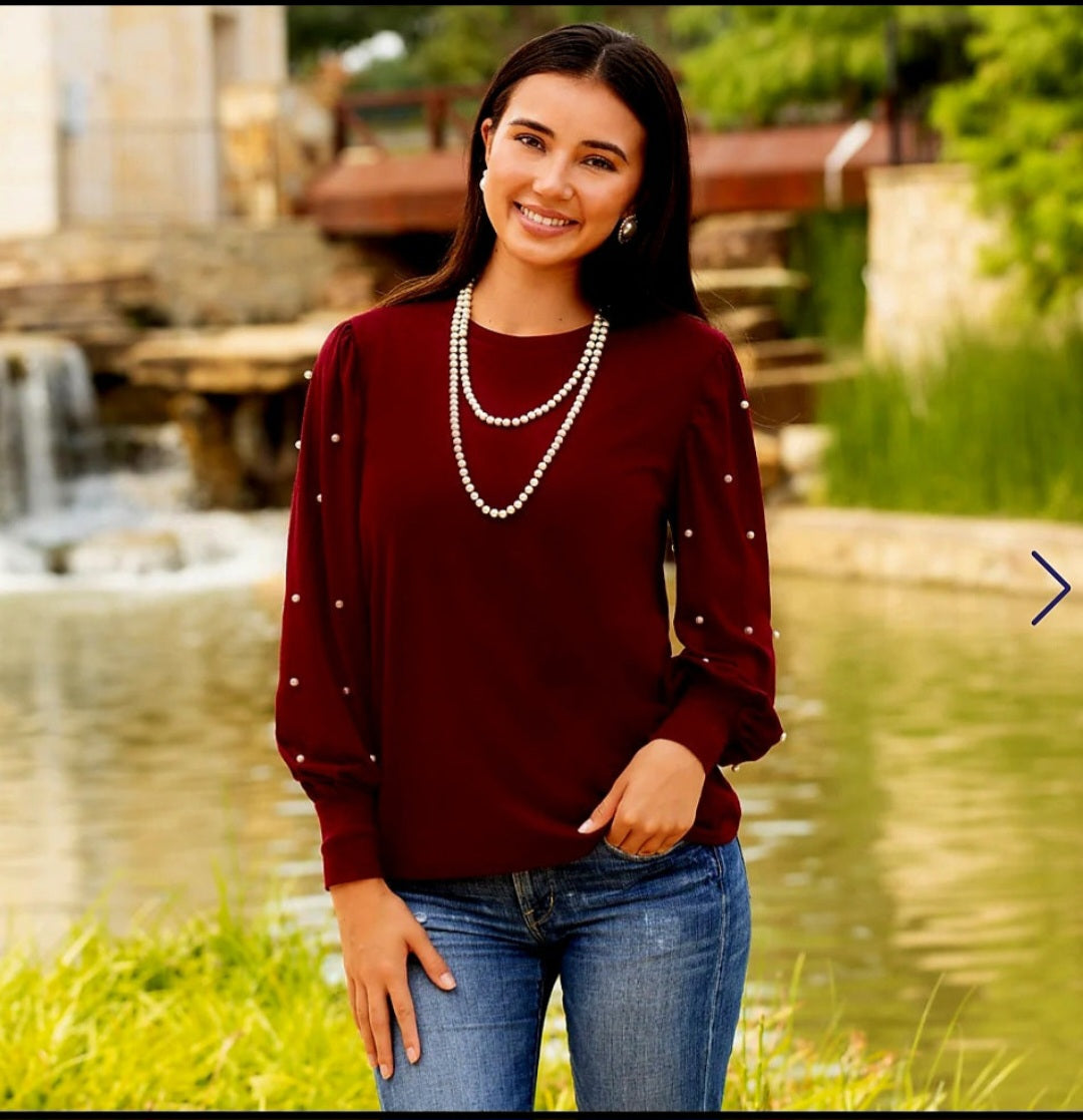 Pearl Embellished Shirt Burgundy