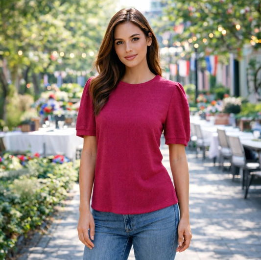 Pink Textured Puff Sleeve Top