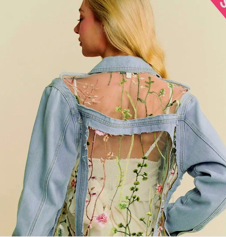Denim Jacket with Floral Mesh Embroidery