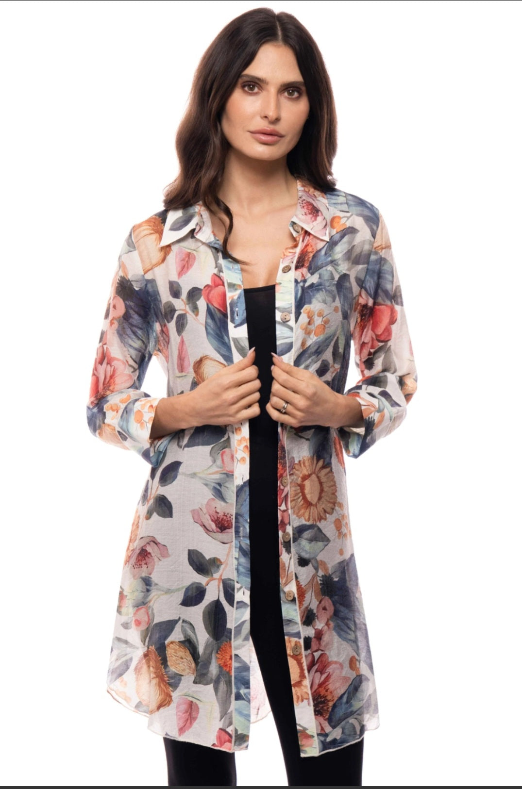 Floral Button Down Long Line Top#