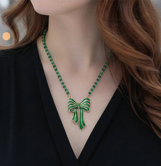 Green Bow Christmas Necklace