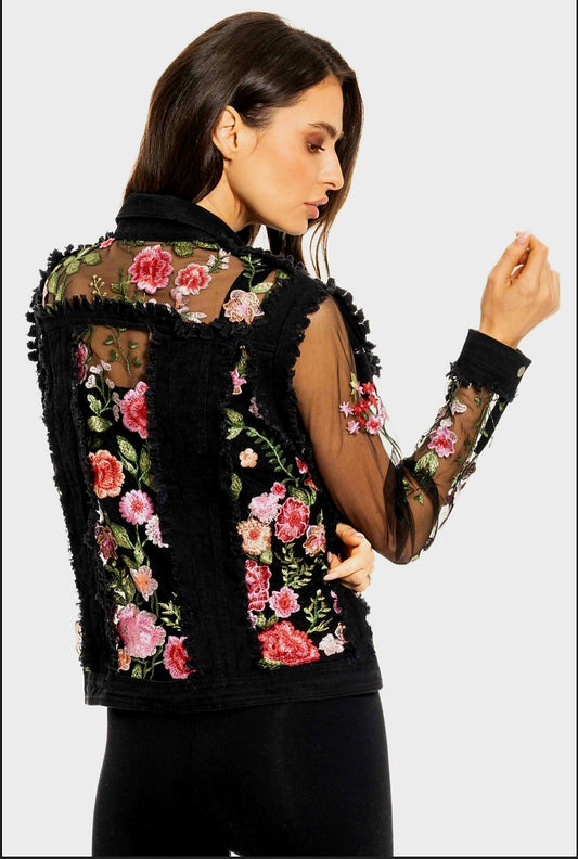 Black Denim Jacket with Floral Lace