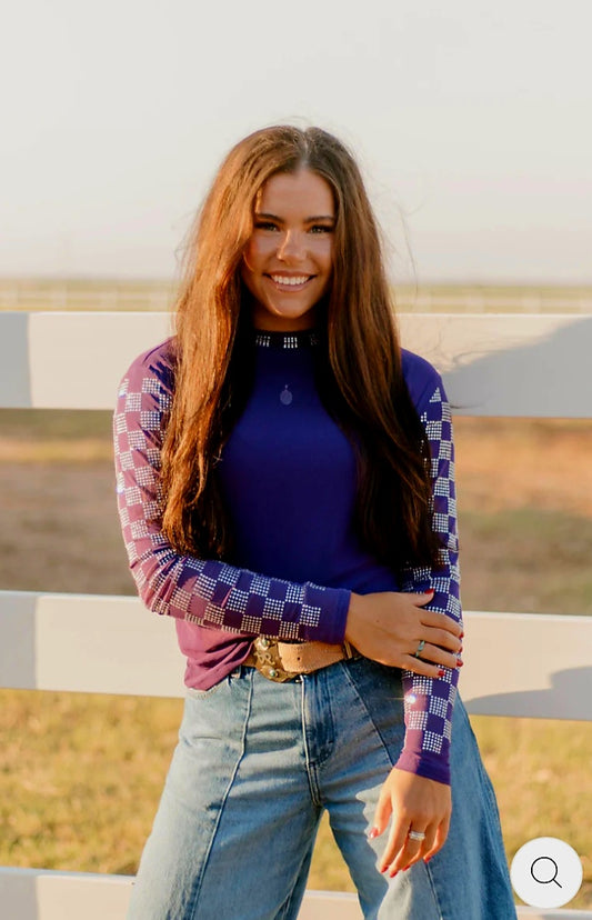 Purple Rhinestone Checked Sleeves Top