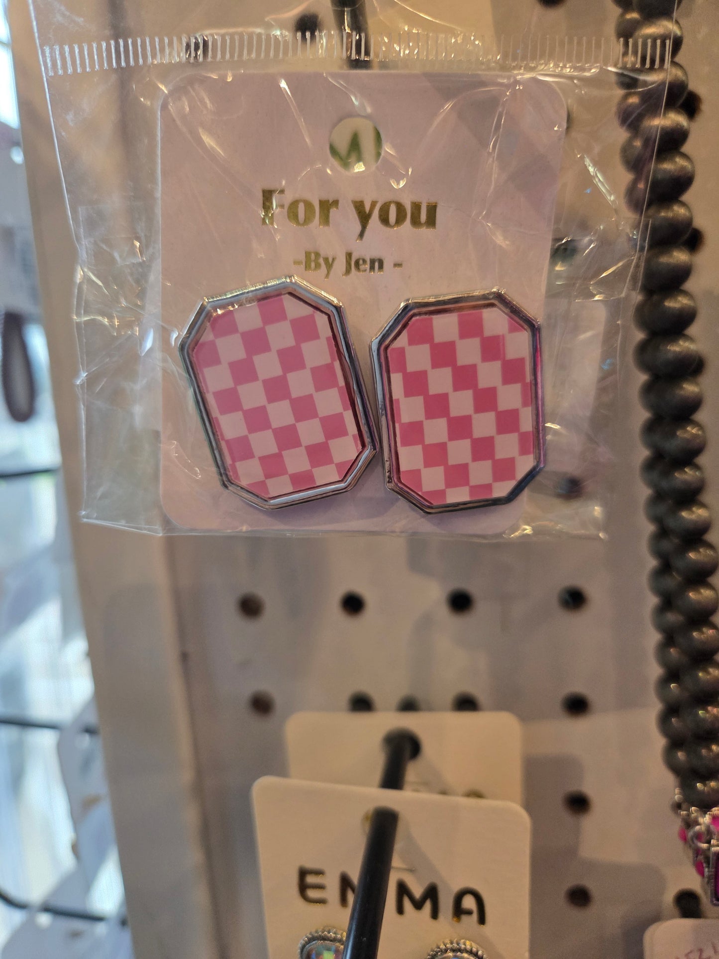 Pink White Checkered Earrings