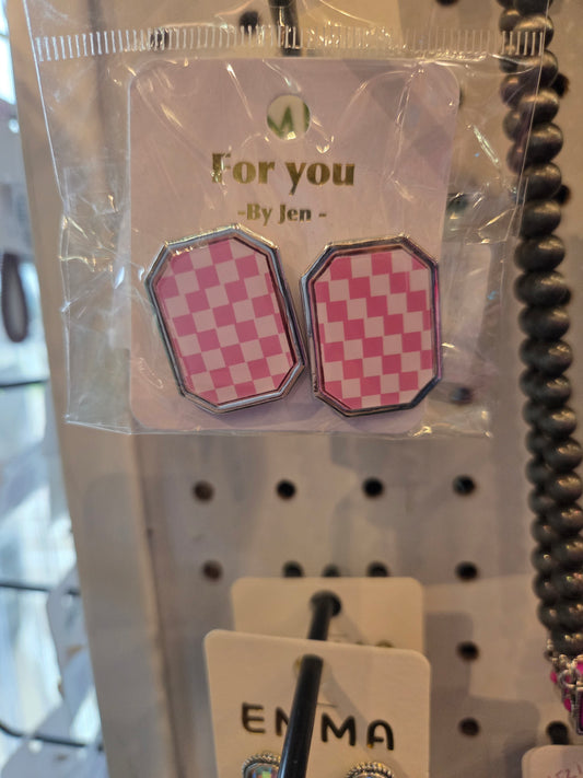 Pink White Checkered Earrings