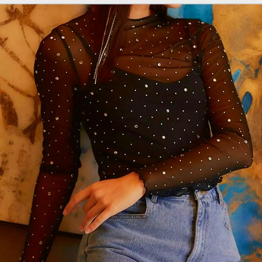 Rhinestone Sheer Mesh Top