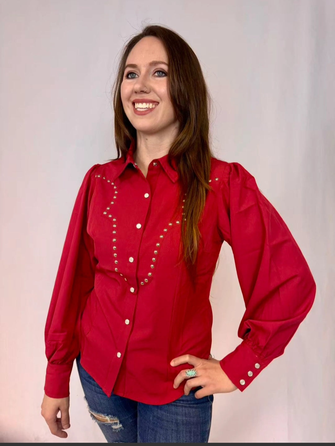 #84 Red Pearl Snap Button Up Top