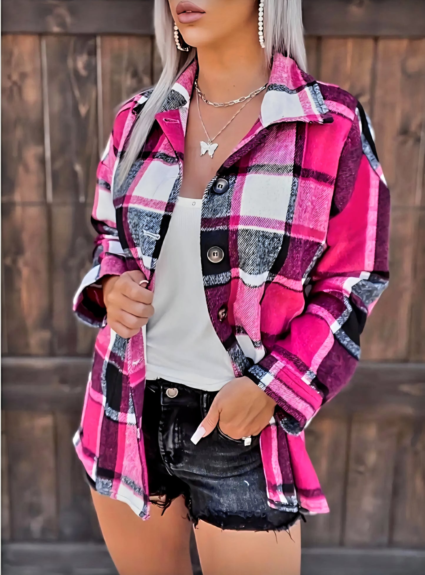 Pink Plaid Button Top
