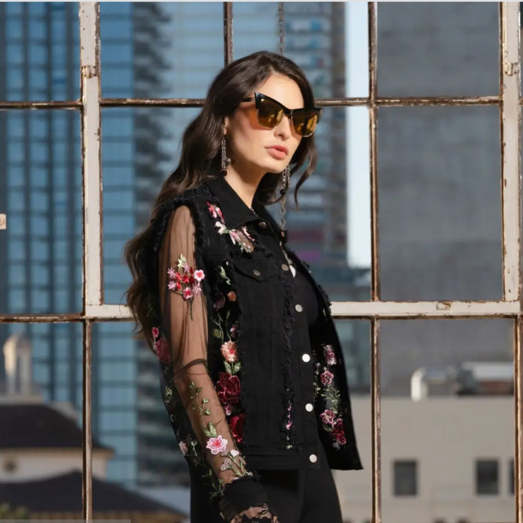Black Denim Jacket with Floral Lace