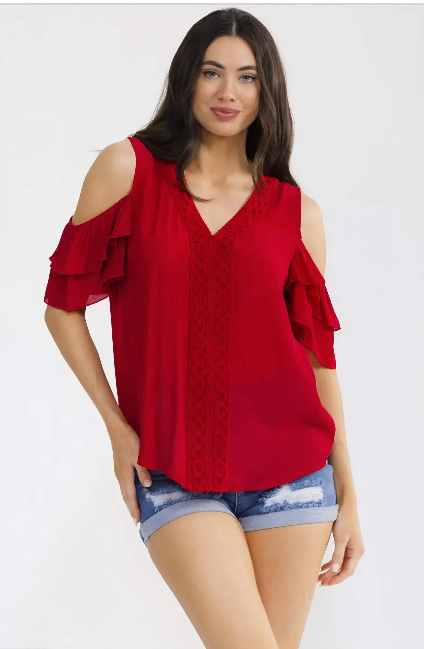 Red Crochet Front Cold Shoulder Top#