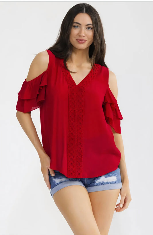 Red Crochet Front Cold Shoulder Top#