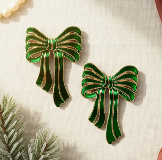 Green Bow Christmas Earrings