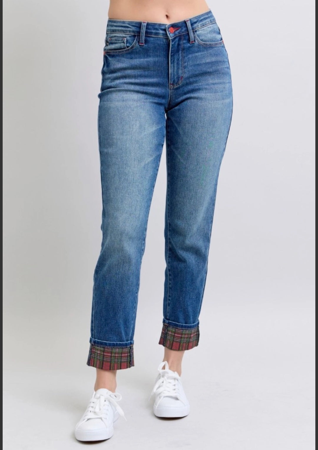 Plaid Print Cuff Judy Blue Boyfriend Denim Jeans